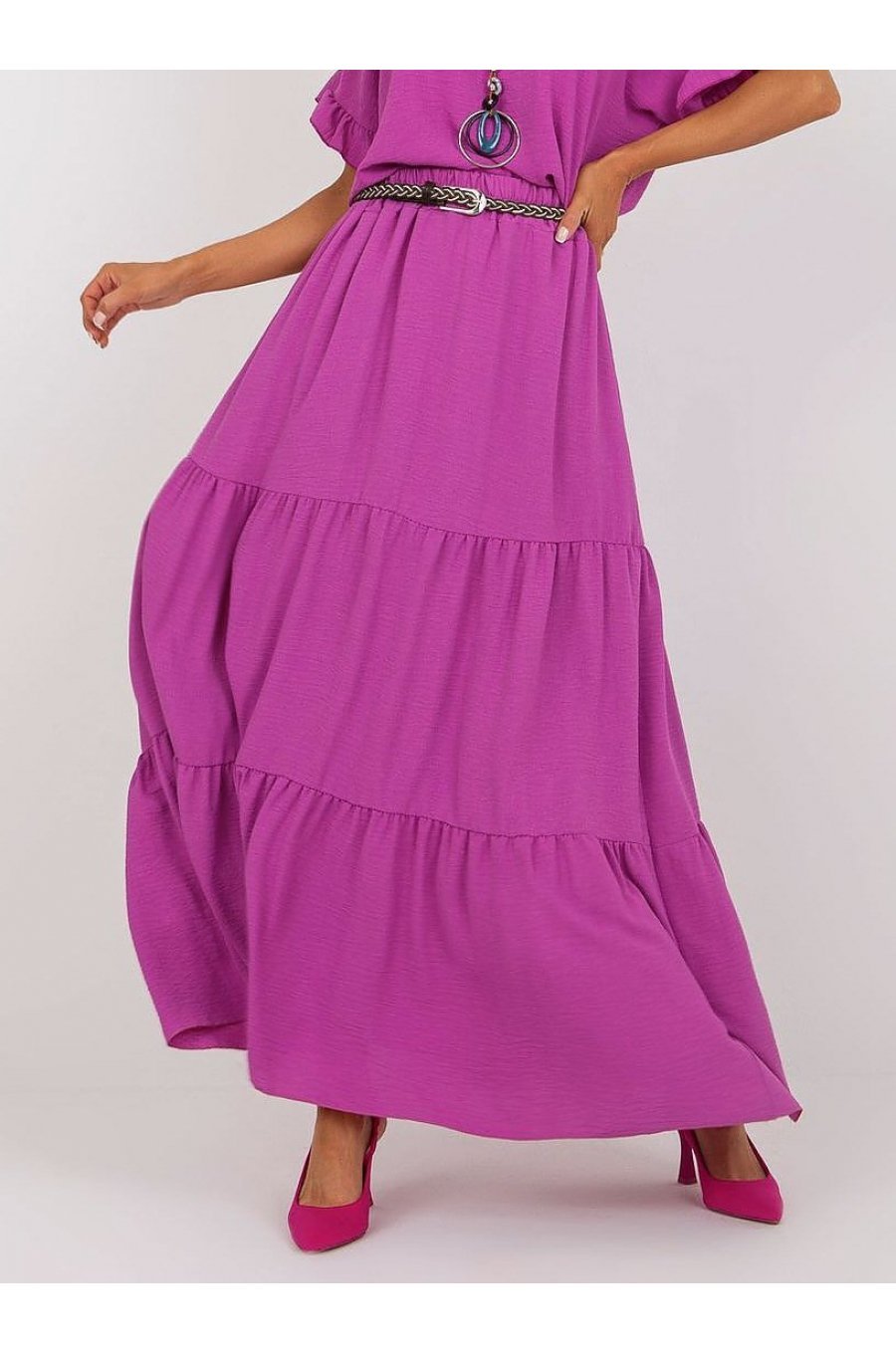 Fusta cu volane si curea, din vascoza, lunga, roz magenta, fluida, Amrita Fusta cu volane si curea, din vascoza, lunga, roz magenta, fluida, Amrita 1 - jojofashion.ro