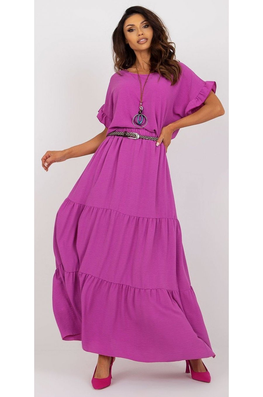 Fusta cu volane si curea, din vascoza, lunga, roz magenta, fluida, Amrita Fusta cu volane si curea, din vascoza, lunga, roz magenta, fluida, Amrita 2 - jojofashion.ro