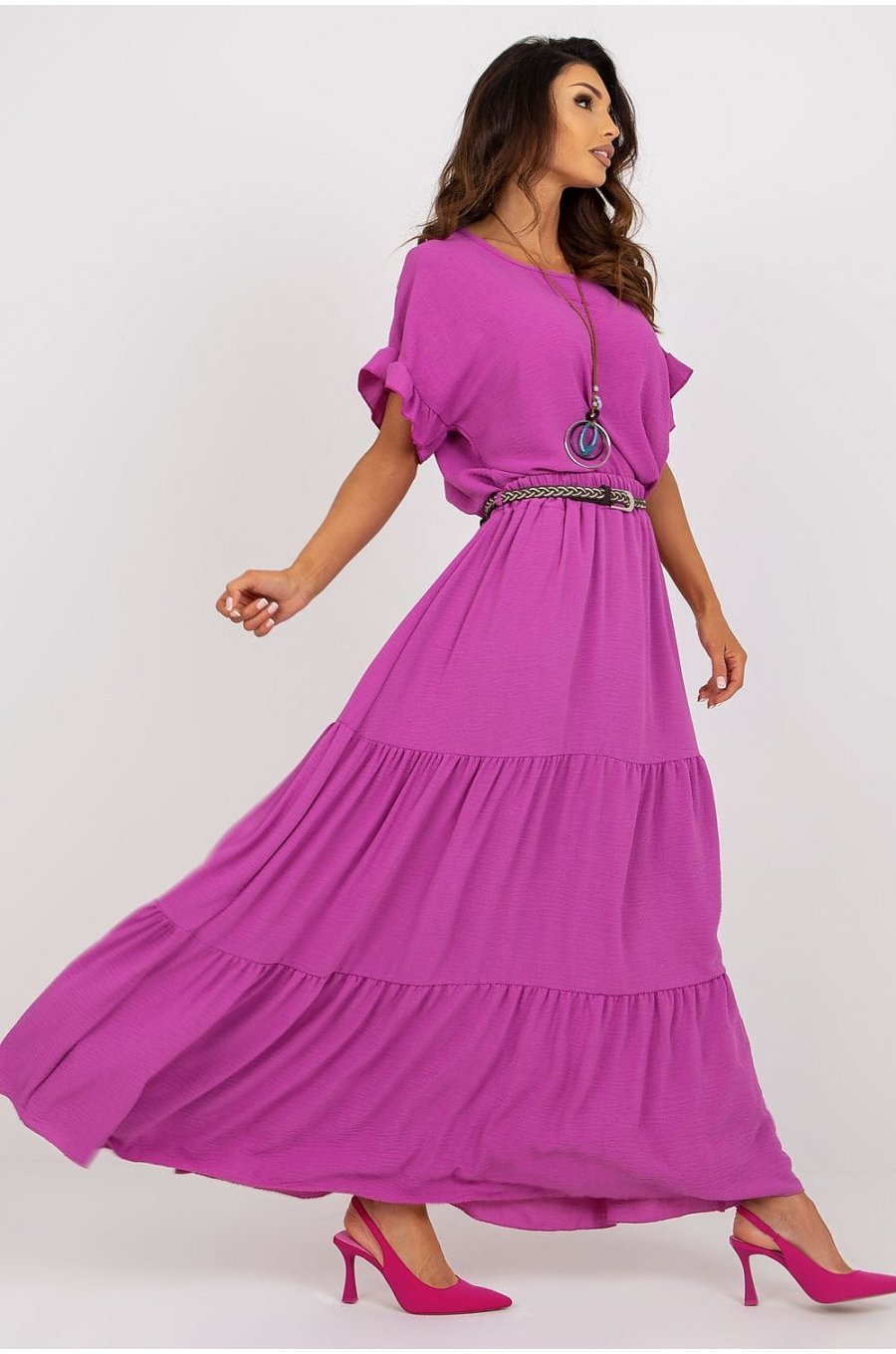 Fusta cu volane si curea, din vascoza, lunga, roz magenta, fluida, Amrita Fusta cu volane si curea, din vascoza, lunga, roz magenta, fluida, Amrita 3 - jojofashion.ro