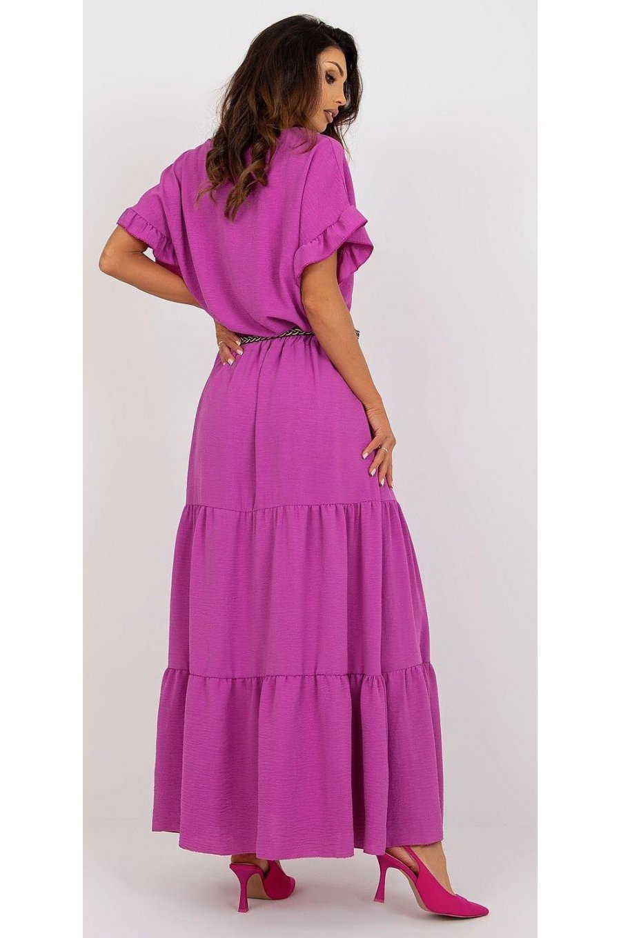 Fusta cu volane si curea, din vascoza, lunga, roz magenta, fluida, Amrita Fusta cu volane si curea, din vascoza, lunga, roz magenta, fluida, Amrita 4 - jojofashion.ro