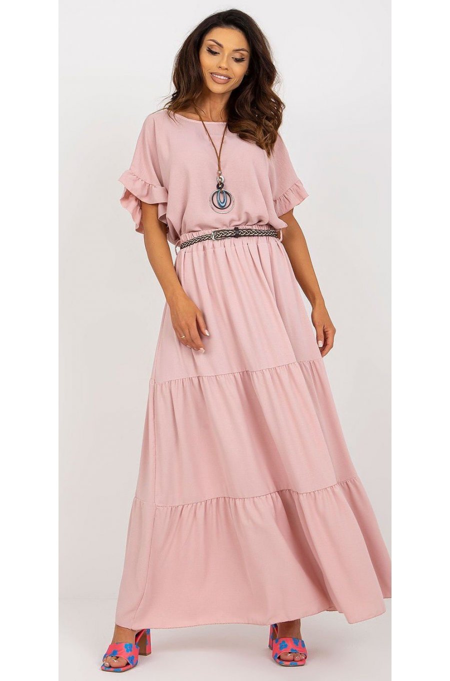 Fusta cu volane si curea, din vascoza, lunga, roz pal, fluida, Amrita 2 - jojofashion.ro