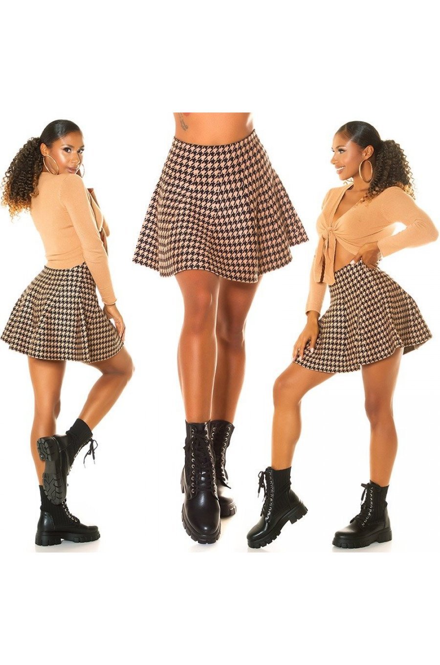 Fusta dama casual vascoza, scurta, cappuccino cu imprimeu pepit skater Taylla 6 - jojofashion.ro