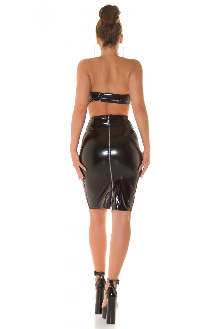 Fusta dama din latex, midi, neagra, mulata, cu fermoar la spate, Moniq 5 - jojofashion.ro