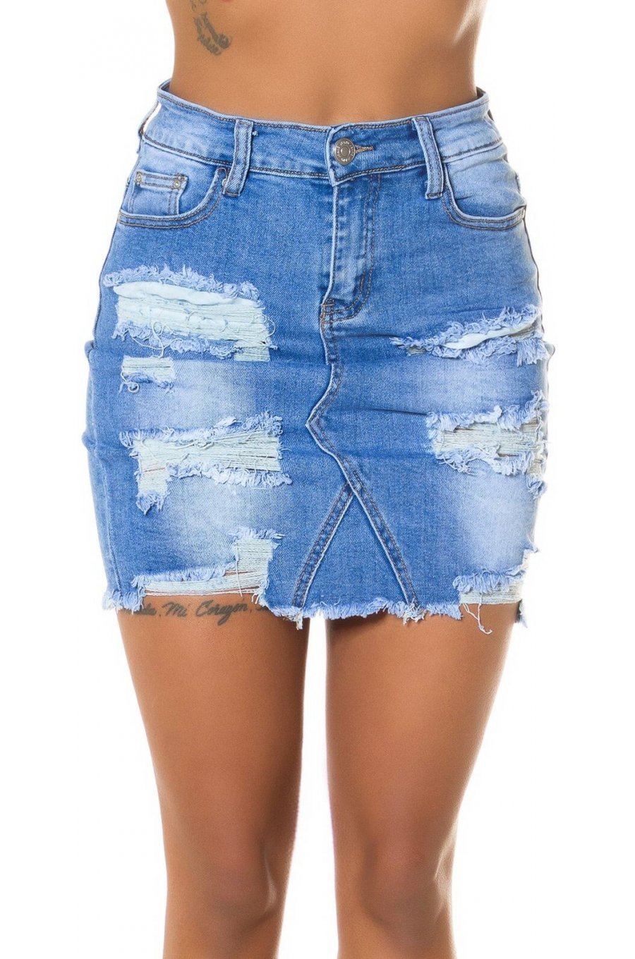 Fusta mulata blugi scurta bleu cu aspect uzat Fabiana 1 - jojofashion.ro