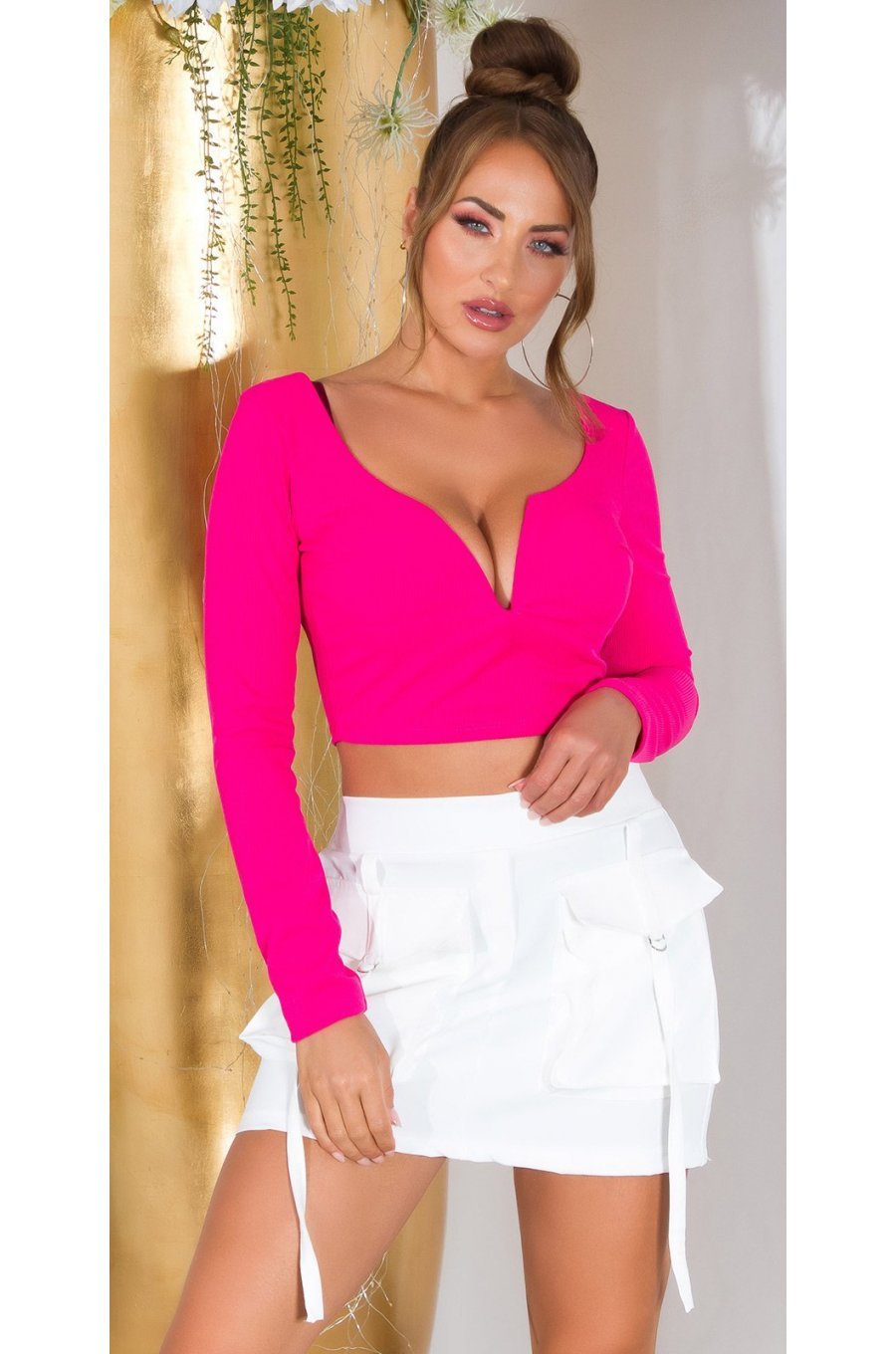Fusta dama scurta cargo, alba, cu talia inalta si buzunare frontale, Madalena 3 - jojofashion.ro