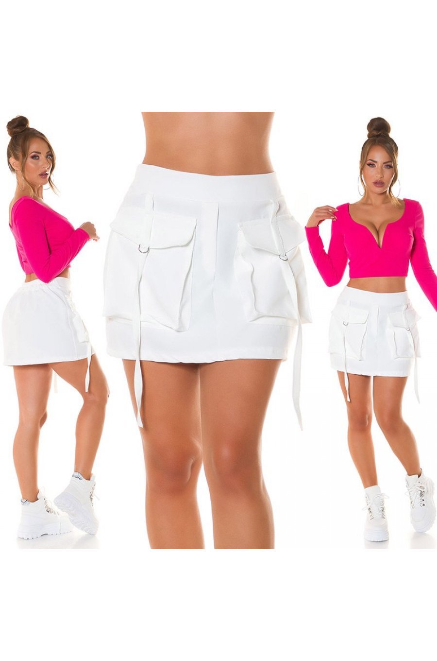 Fusta dama scurta cargo, alba, cu talia inalta si buzunare frontale, Madalena 7 - jojofashion.ro