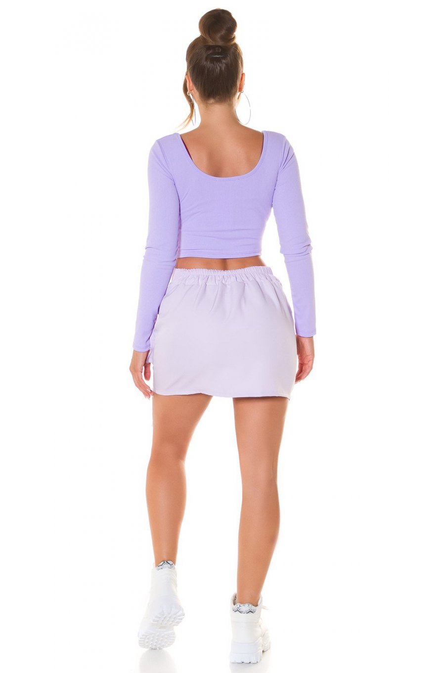 Fusta dama scurta cargo, lila, cu talia inalta si buzunare frontale, Madalena 6 - jojofashion.ro