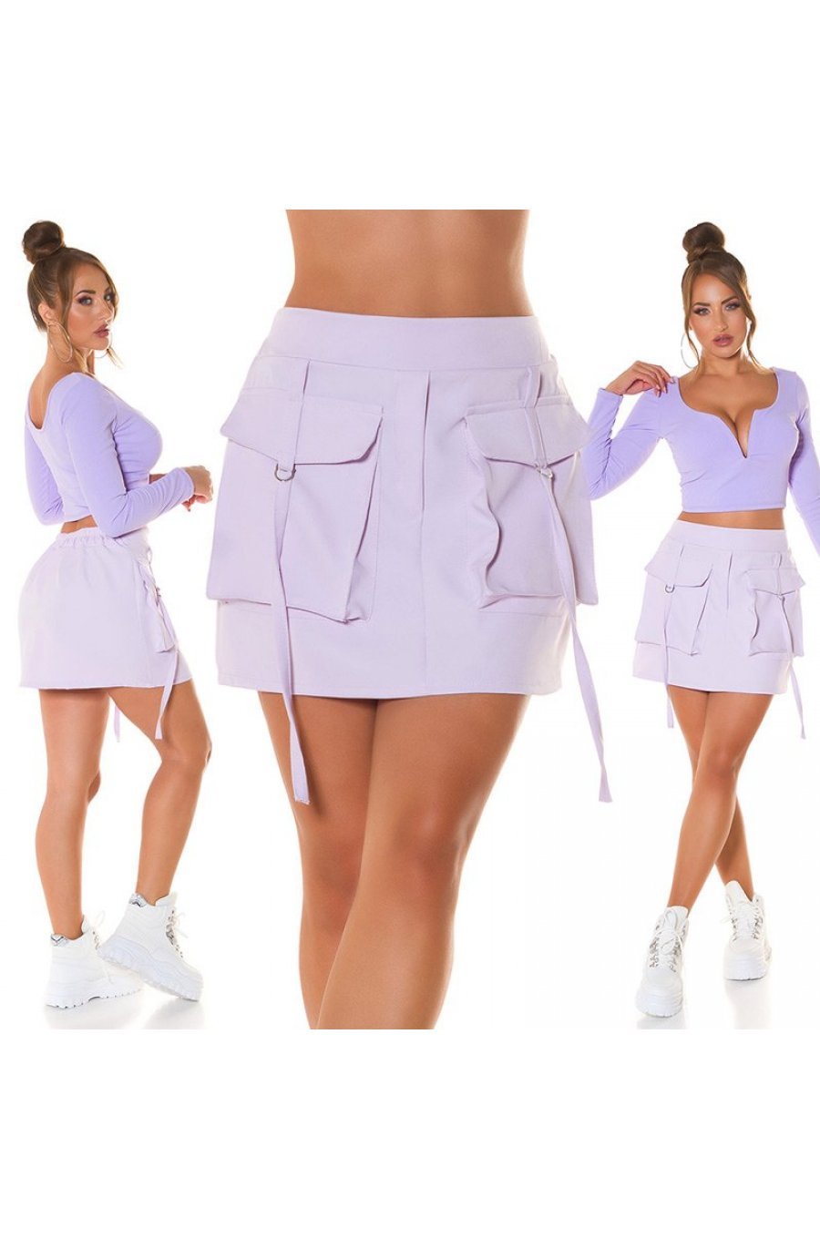 Fusta dama scurta cargo, lila, cu talia inalta si buzunare frontale, Madalena 7 - jojofashion.ro