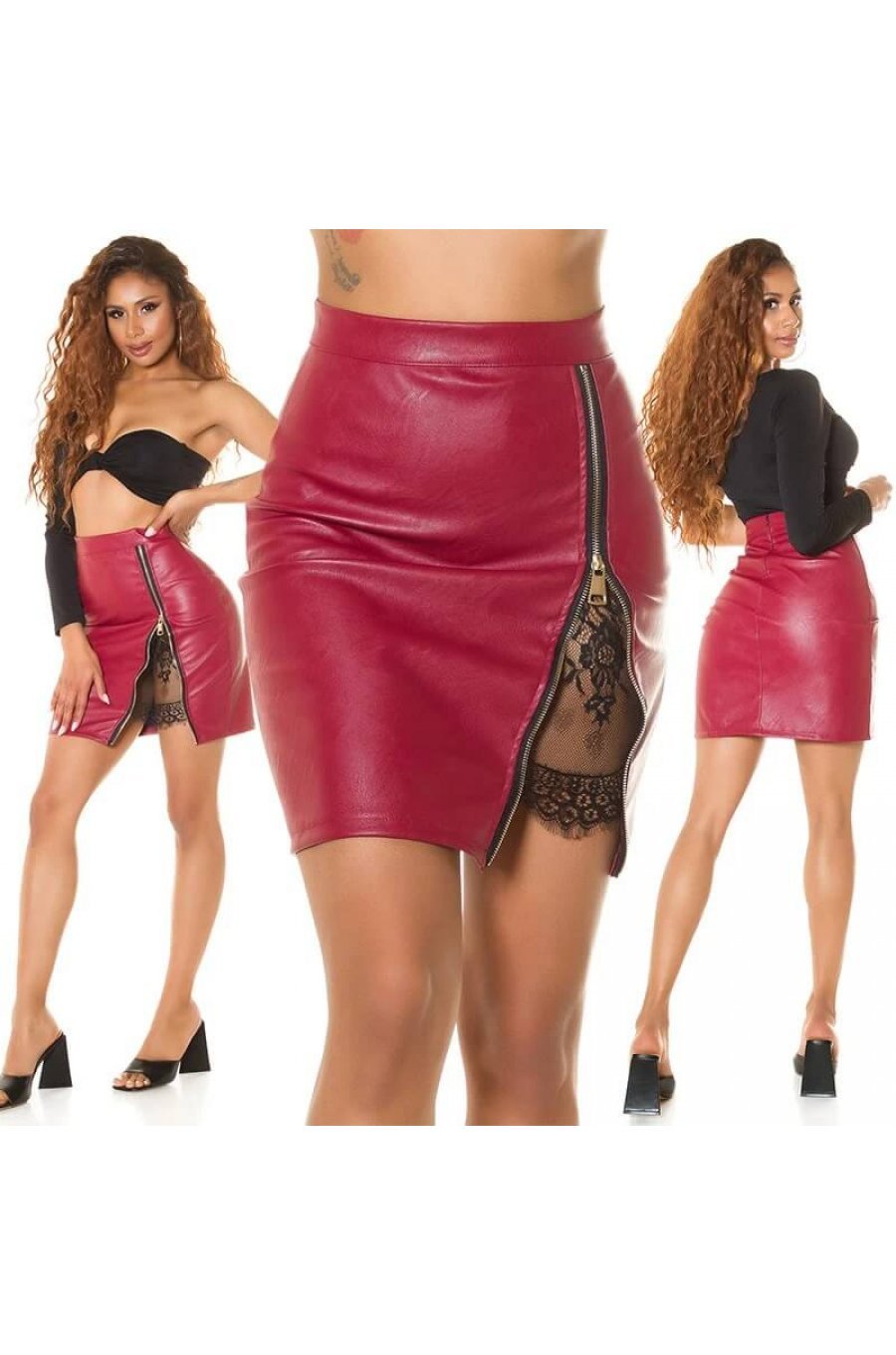 Fusta piele eco scurta burgundy cu dantela Essie Fusta piele eco scurta burgundy cu dantela Essie 4 - jojofashion.ro