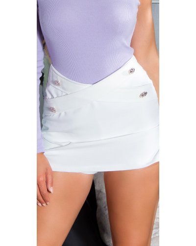 Fusta dama skort, scurta, alba, cu talie inalta si nasturi decorativi, Shayka Tinute de club, Fusta dama skort, scurta, alba, cu talie inalta si nasturi decorativi, Shayka - jojofashion.ro