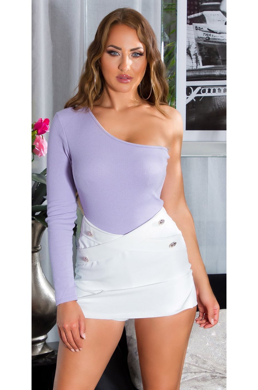 Fusta dama skort, scurta, alba, cu talie inalta si nasturi decorativi, Shayka 3 - jojofashion.ro