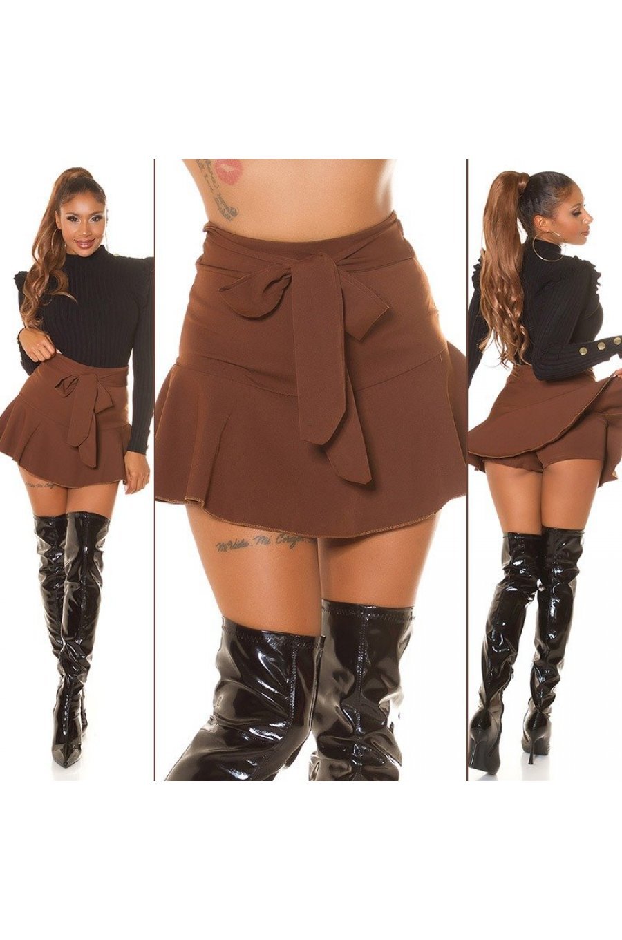 Fusta dama skort, scurta, maro, cu volan, in clos, Valencia Fusta dama skort, scurta, maro, cu volan, in clos, Valencia 6 - jojofashion.ro