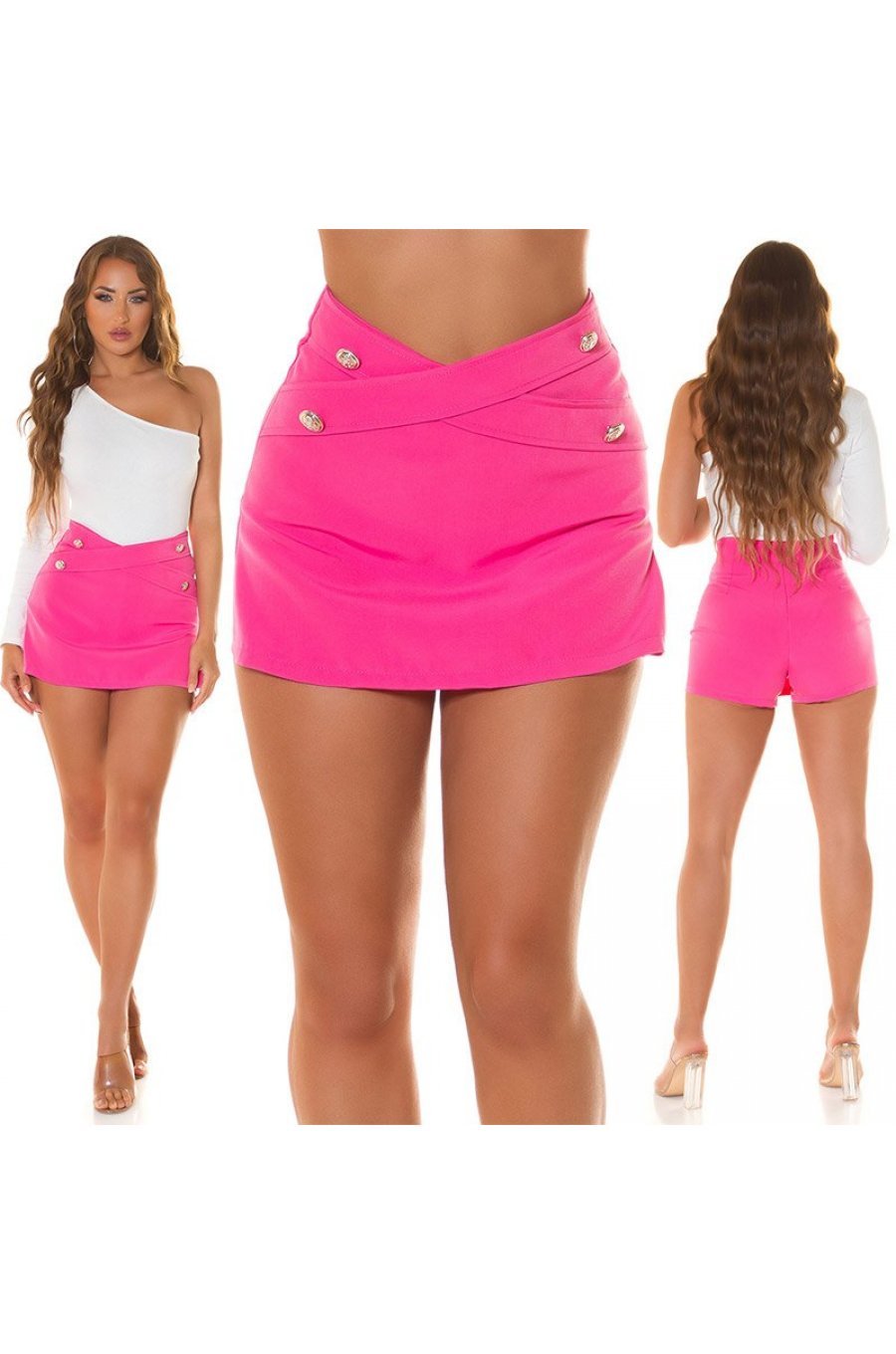Fusta dama skort, scurta, roz, cu talie inalta si nasturi decorativi, Shayka 7 - jojofashion.ro