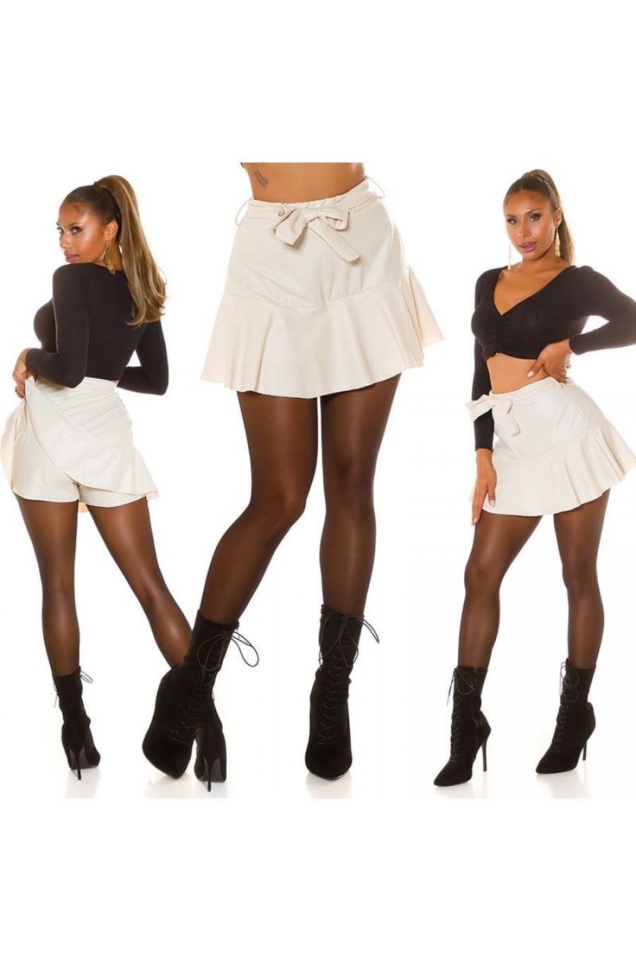 Fusta dama skort, wetlook, scurta, bej, cu volan, in clos, Feliciana 8 - jojofashion.ro