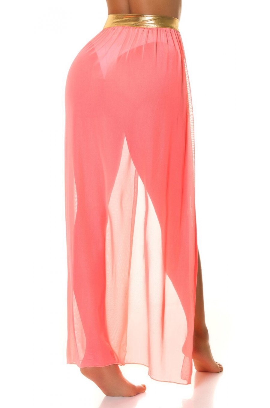 Fusta de plaja, din voal, lunga, corai neon, cu cordon auriu, despicata in fata, Yasemin 2 - jojofashion.ro