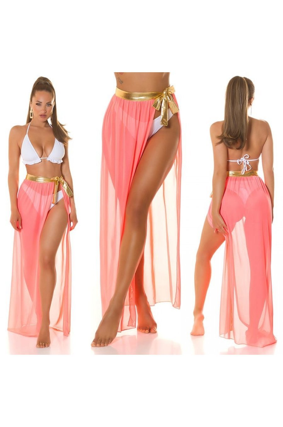 Fusta de plaja, din voal, lunga, corai neon, cu cordon auriu, despicata in fata, Yasemin 5 - jojofashion.ro