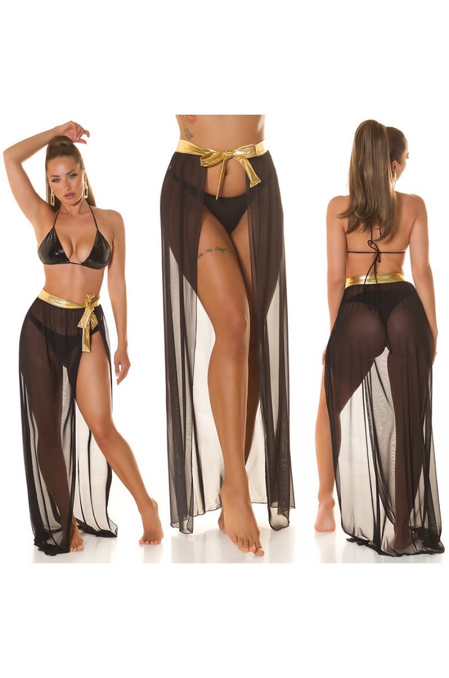 Fusta de plaja, din voal, lunga, neagra, cu cordon auriu, despicata in fata, Yasemin 5 - jojofashion.ro