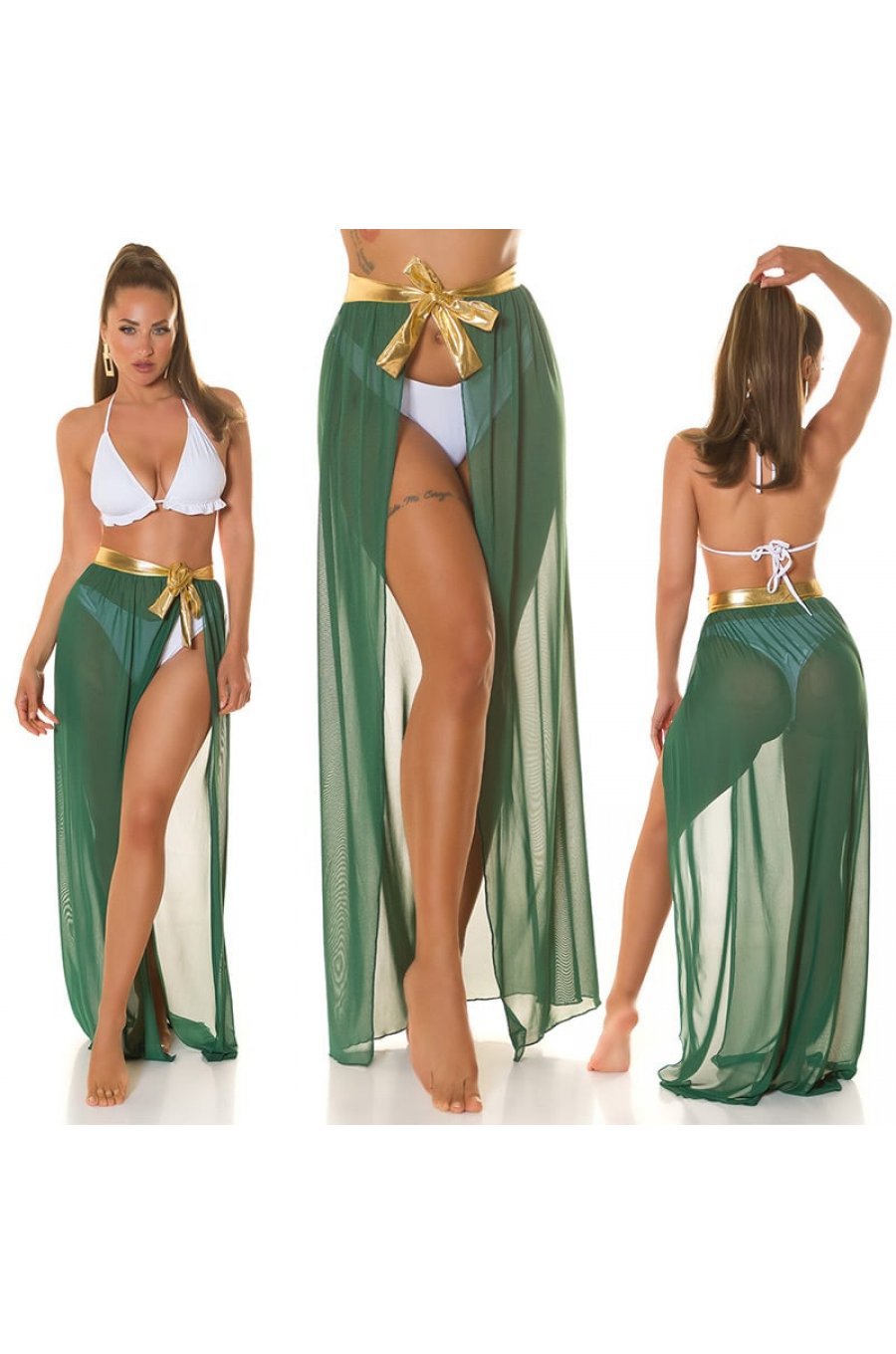 Fusta de plaja, din voal, lunga, verde smarald, cu cordon auriu, despicata in fata, Yasemin 5 - jojofashion.ro