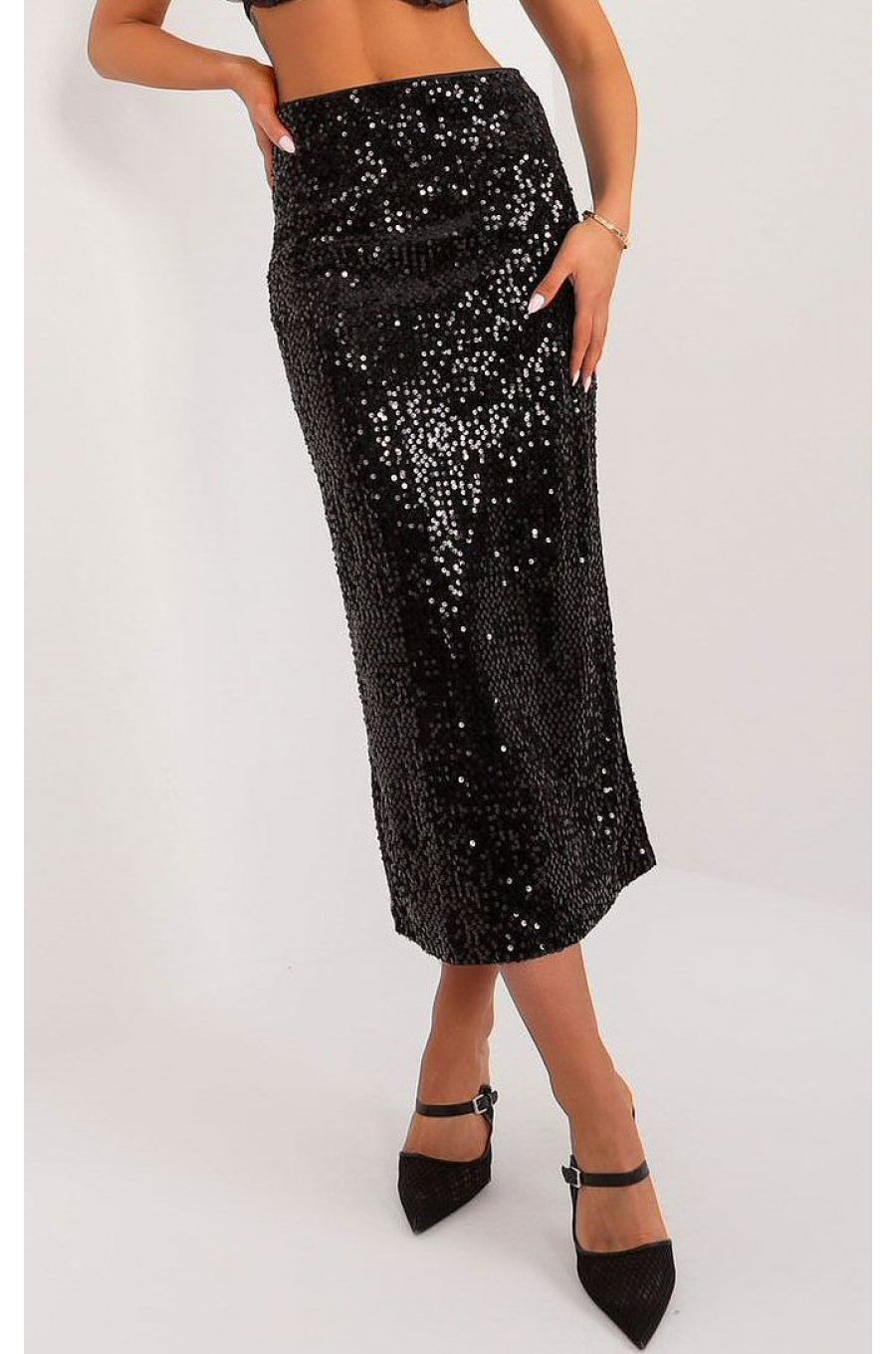Fusta din paiete, lunga, neagra, mulata, cu talia inalta, Maisah 1 - jojofashion.ro