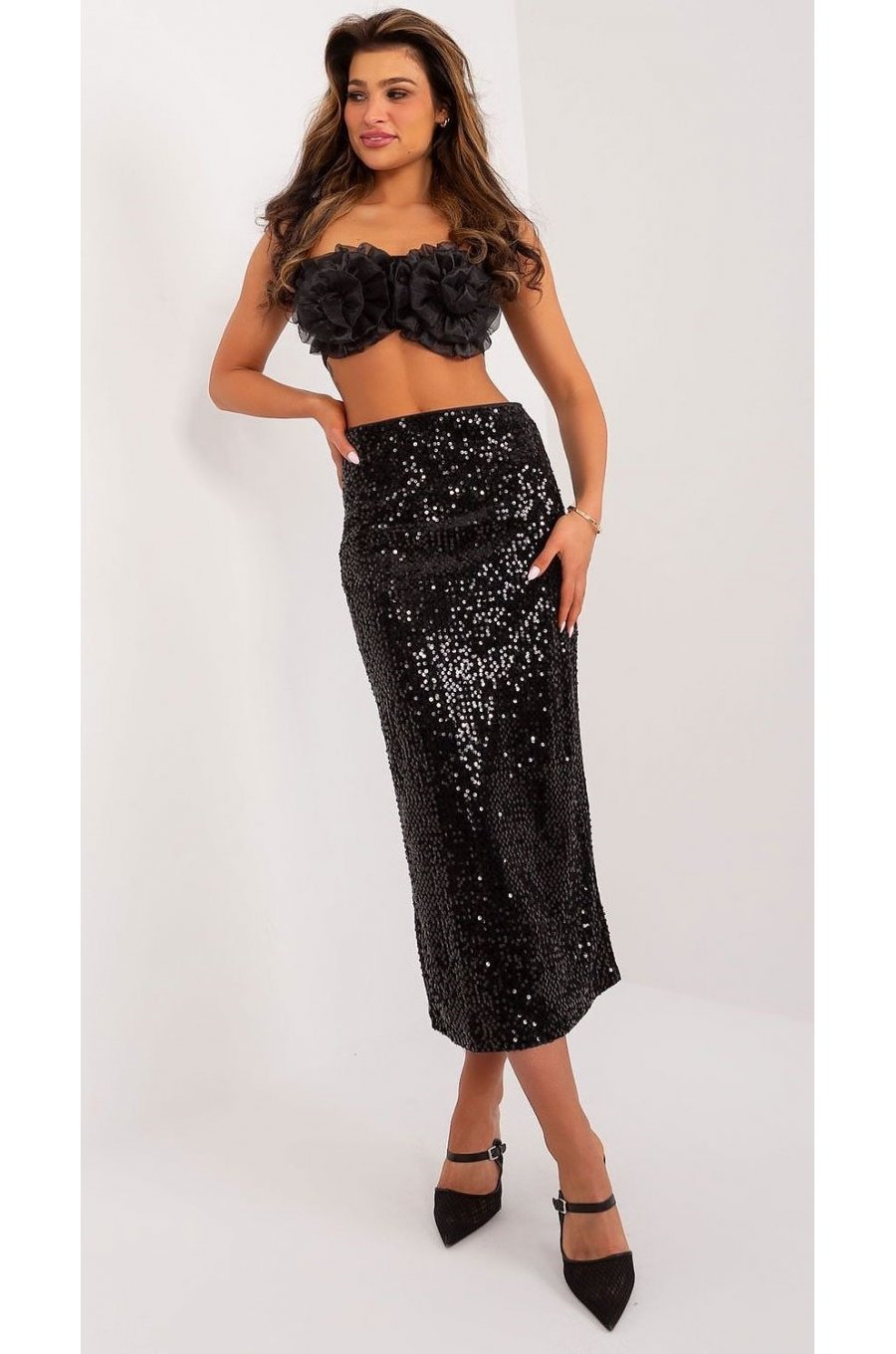 Fusta din paiete, lunga, neagra, mulata, cu talia inalta, Maisah 2 - jojofashion.ro
