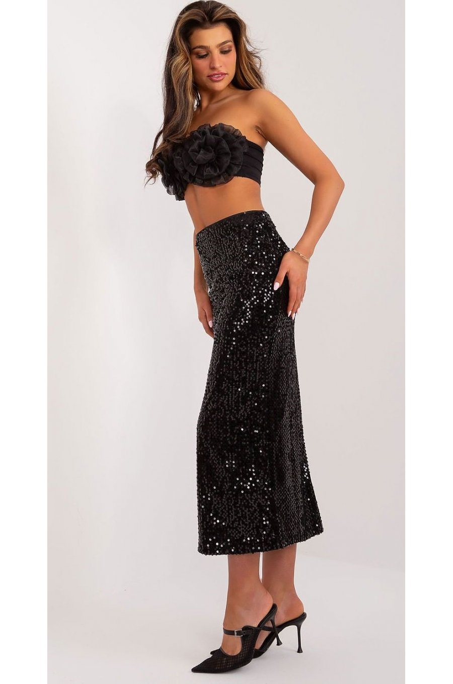 Fusta din paiete, lunga, neagra, mulata, cu talia inalta, Maisah 3 - jojofashion.ro
