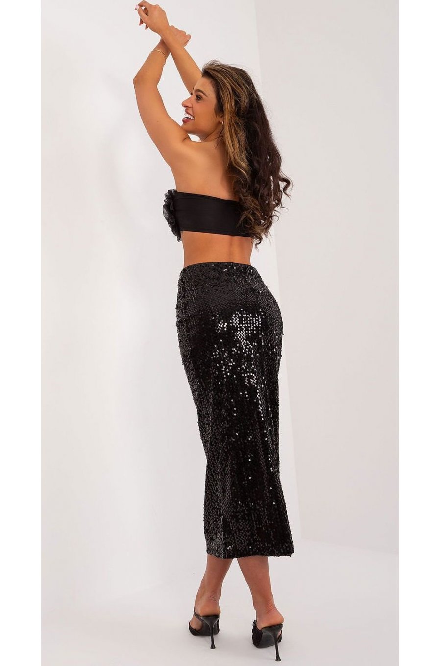 Fusta din paiete, lunga, neagra, mulata, cu talia inalta, Maisah 4 - jojofashion.ro