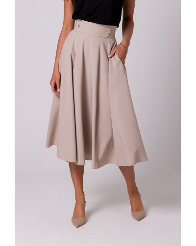 Fusta eleganta, in clos, midi, bej, cu talia inalta, Ninette - jojofashion.ro