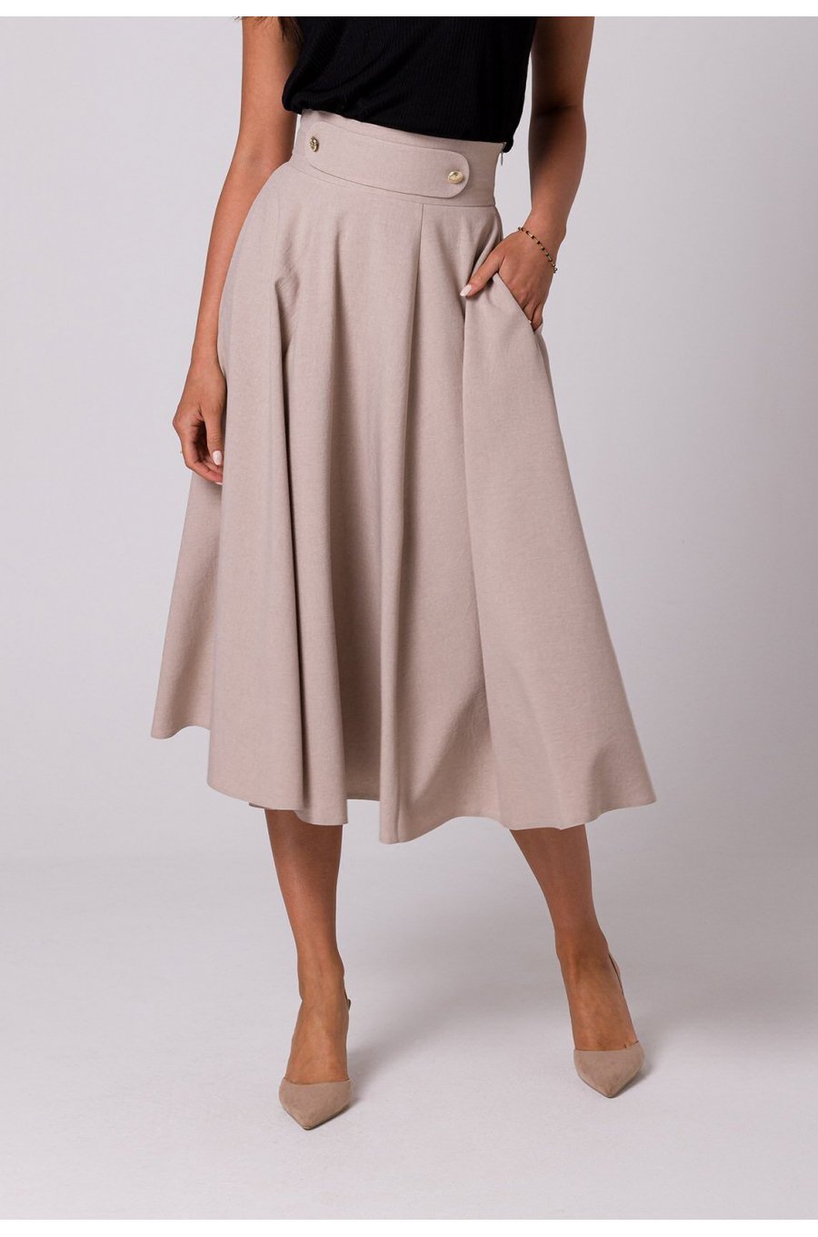 Fusta eleganta, in clos, midi, bej, cu talia inalta, Ninette Fusta eleganta, in clos, midi, bej, cu talia inalta, Ninette 1 - jojofashion.ro