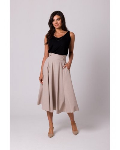 Fusta eleganta, in clos, midi, bej, cu talia inalta, Ninette - jojofashion.ro