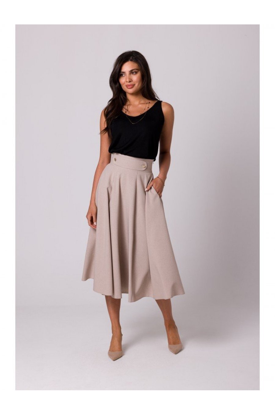 Fusta eleganta, in clos, midi, bej, cu talia inalta, Ninette Fusta eleganta, in clos, midi, bej, cu talia inalta, Ninette 2 - jojofashion.ro