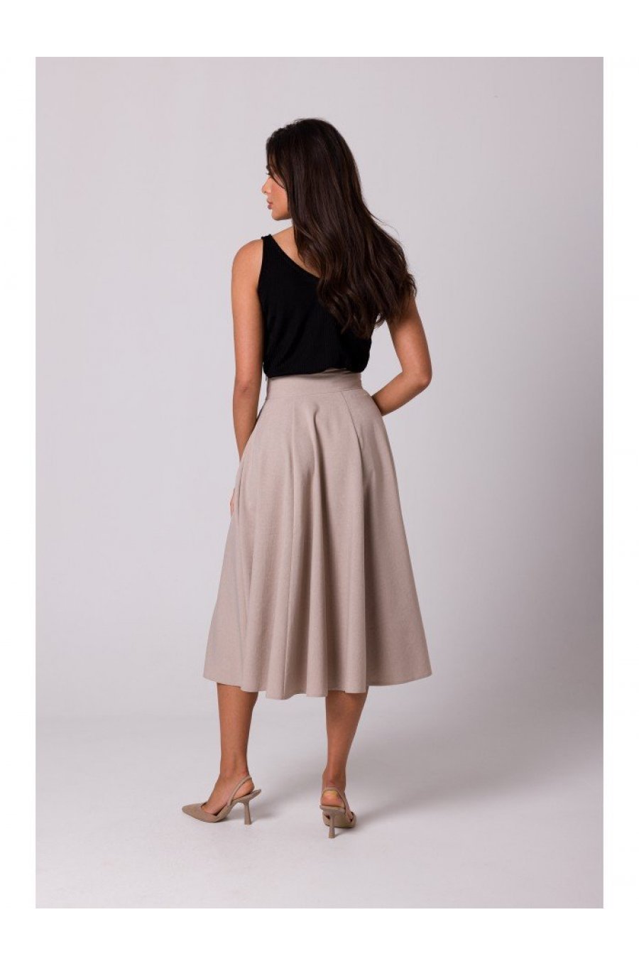 Fusta eleganta, in clos, midi, bej, cu talia inalta, Ninette Fusta eleganta, in clos, midi, bej, cu talia inalta, Ninette 3 - jojofashion.ro