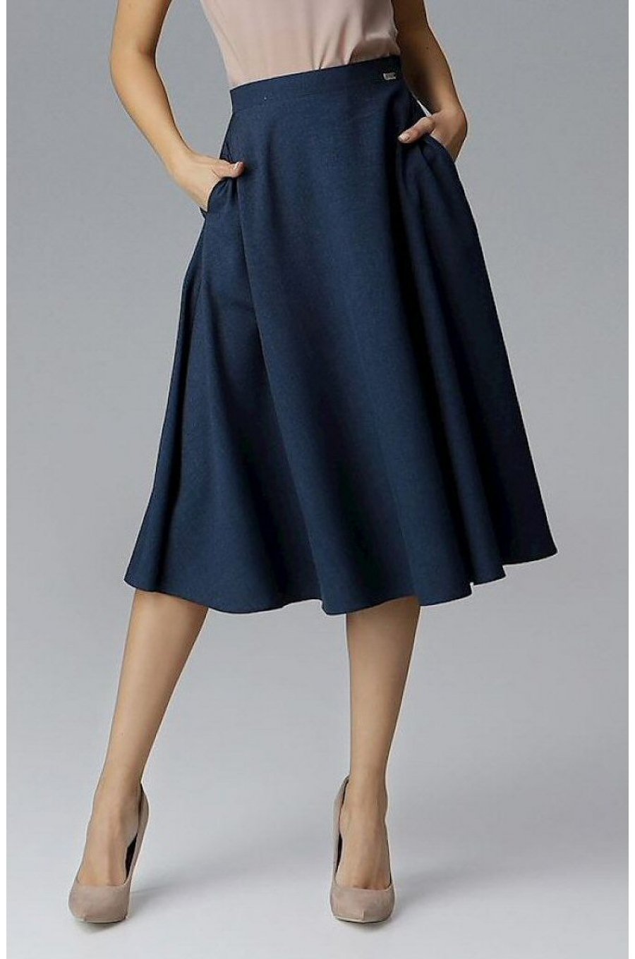 Fusta eleganta in clos, midi, bleumarin navy, cu talia inalta, Farha Fusta eleganta in clos, midi, bleumarin navy, cu talia inalta, Farha 1 - jojofashion.ro