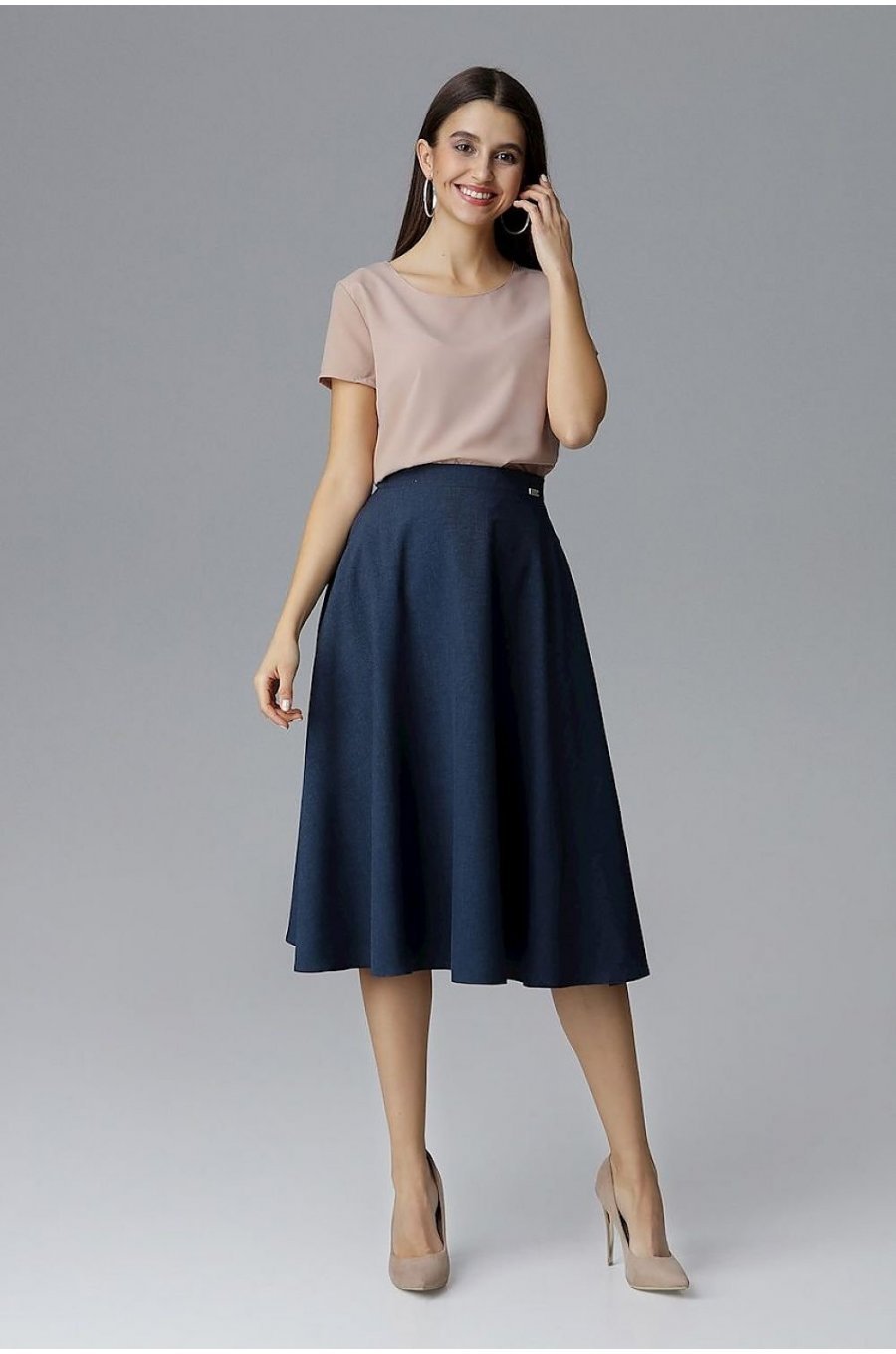 Fusta eleganta in clos, midi, bleumarin navy, cu talia inalta, Farha Fusta eleganta in clos, midi, bleumarin navy, cu talia inalta, Farha 3 - jojofashion.ro