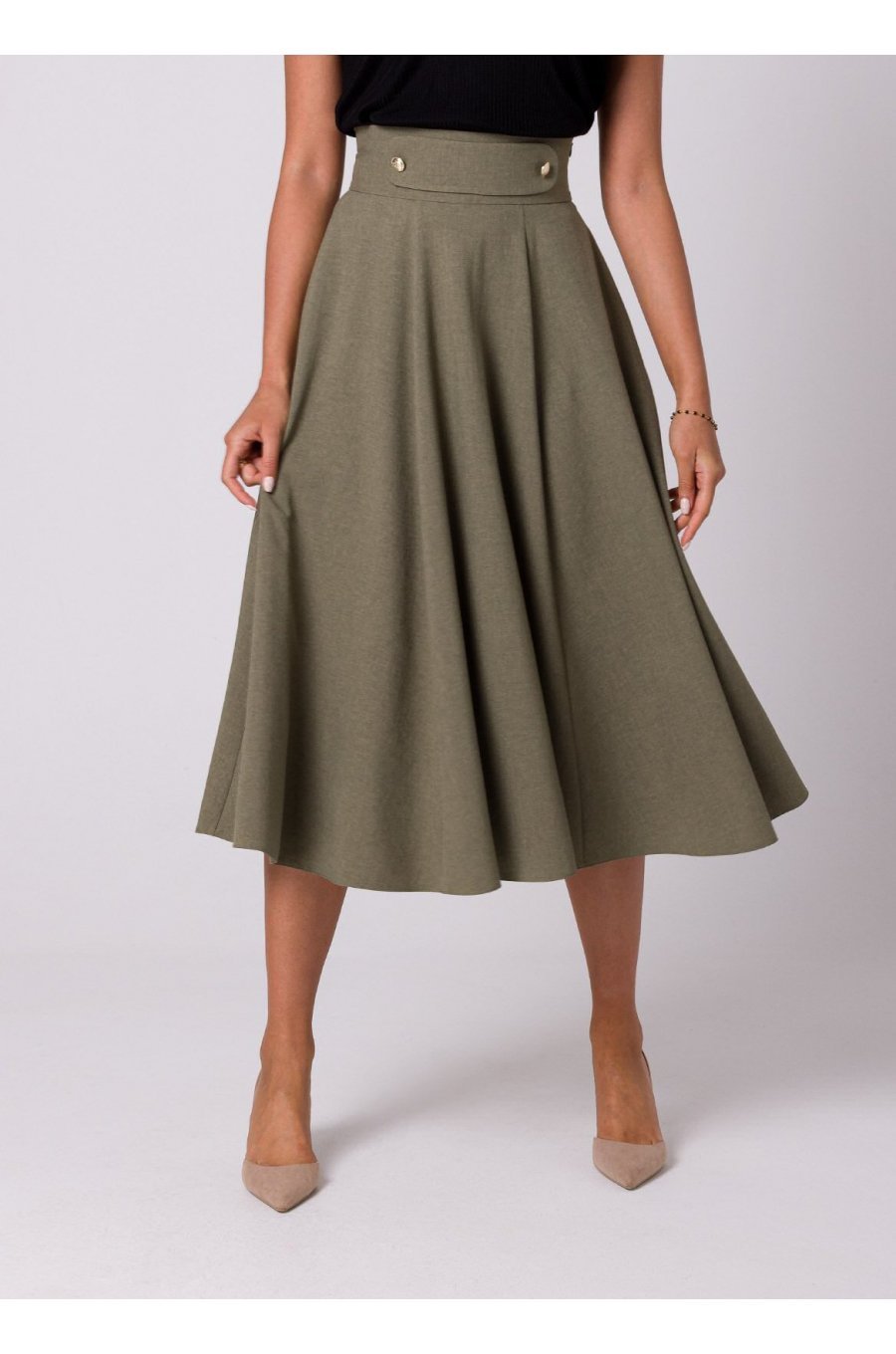 Fusta eleganta, in clos, midi, kaki, cu talia inalta, Ninette Fusta eleganta, in clos, midi, kaki, cu talia inalta, Ninette 1 - jojofashion.ro