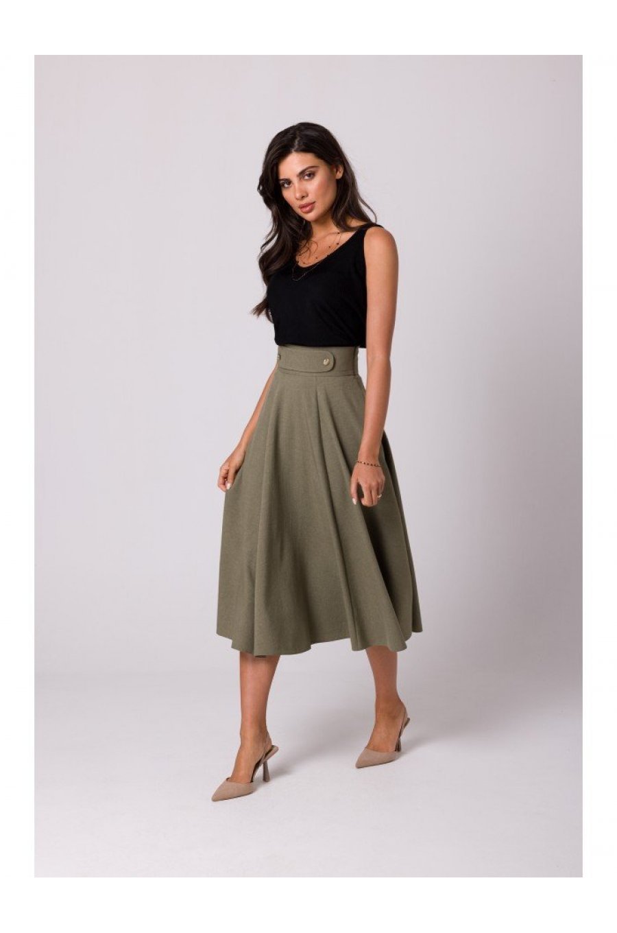 Fusta eleganta, in clos, midi, kaki, cu talia inalta, Ninette Fusta eleganta, in clos, midi, kaki, cu talia inalta, Ninette 2 - jojofashion.ro