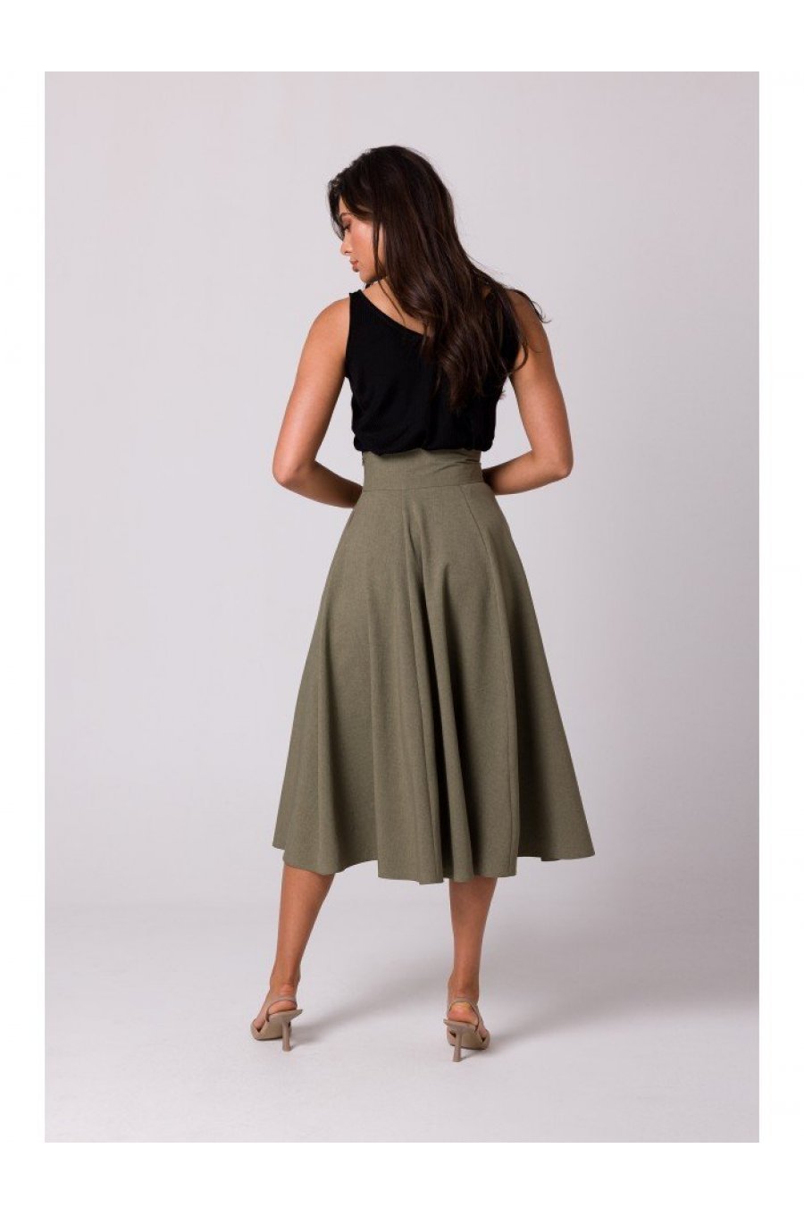 Fusta eleganta, in clos, midi, kaki, cu talia inalta, Ninette Fusta eleganta, in clos, midi, kaki, cu talia inalta, Ninette 3 - jojofashion.ro