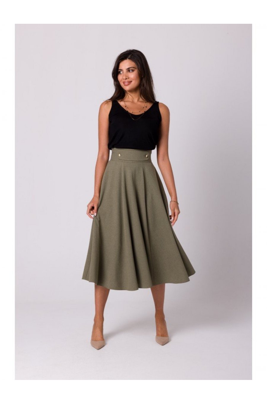 Fusta eleganta, in clos, midi, kaki, cu talia inalta, Ninette Fusta eleganta, in clos, midi, kaki, cu talia inalta, Ninette 4 - jojofashion.ro