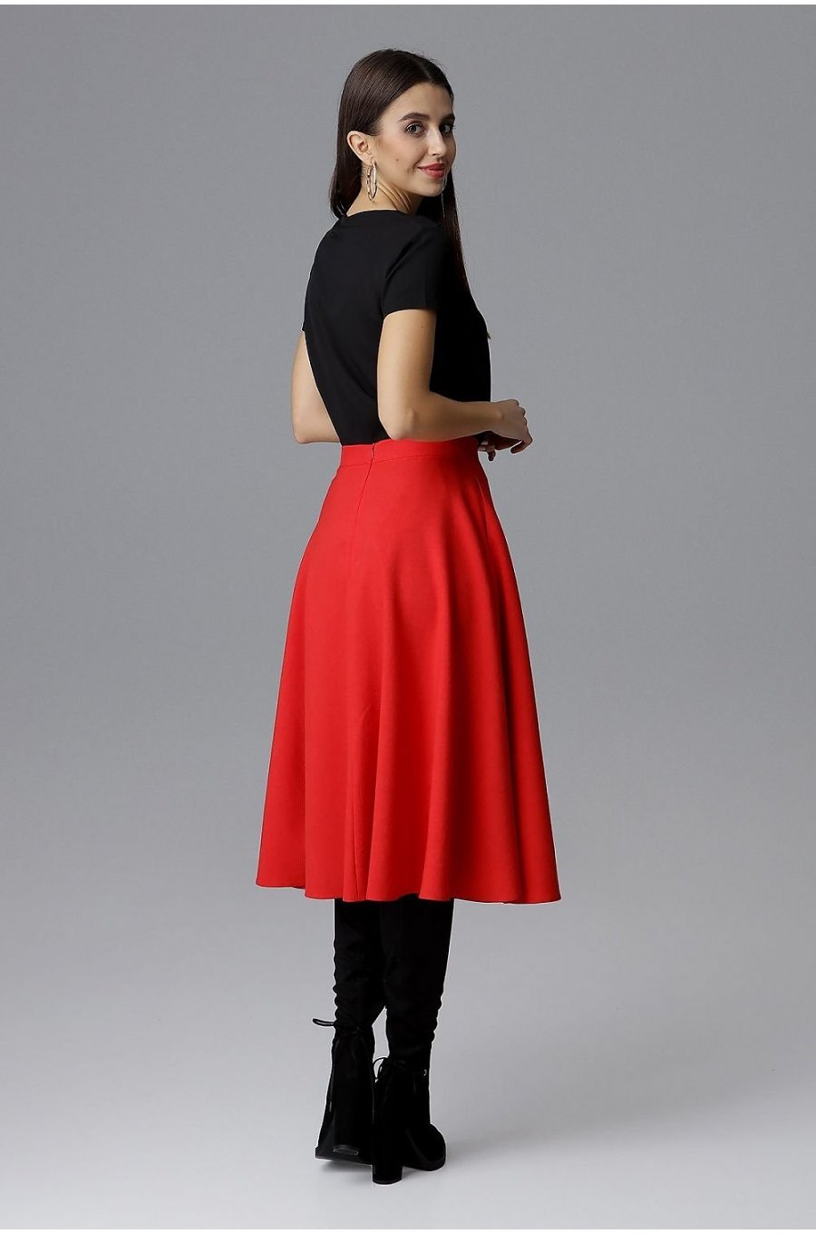 Fusta eleganta in clos, midi, rosie, cu talia inalta, Farha Fusta eleganta in clos, midi, rosie, cu talia inalta, Farha 2 - jojofashion.ro