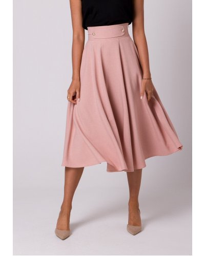 Fusta eleganta, in clos, midi, roz pudra, cu talia inalta, Ninette - jojofashion.ro