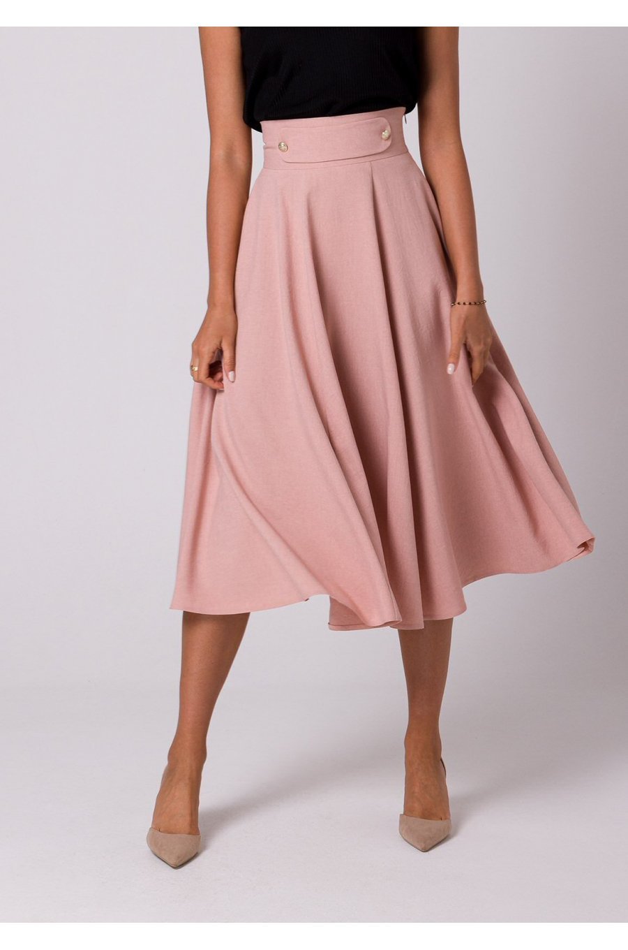 Fusta eleganta, in clos, midi, roz pudra, cu talia inalta, Ninette Fusta eleganta, in clos, midi, roz pudra, cu talia inalta, Ninette 1 - jojofashion.ro