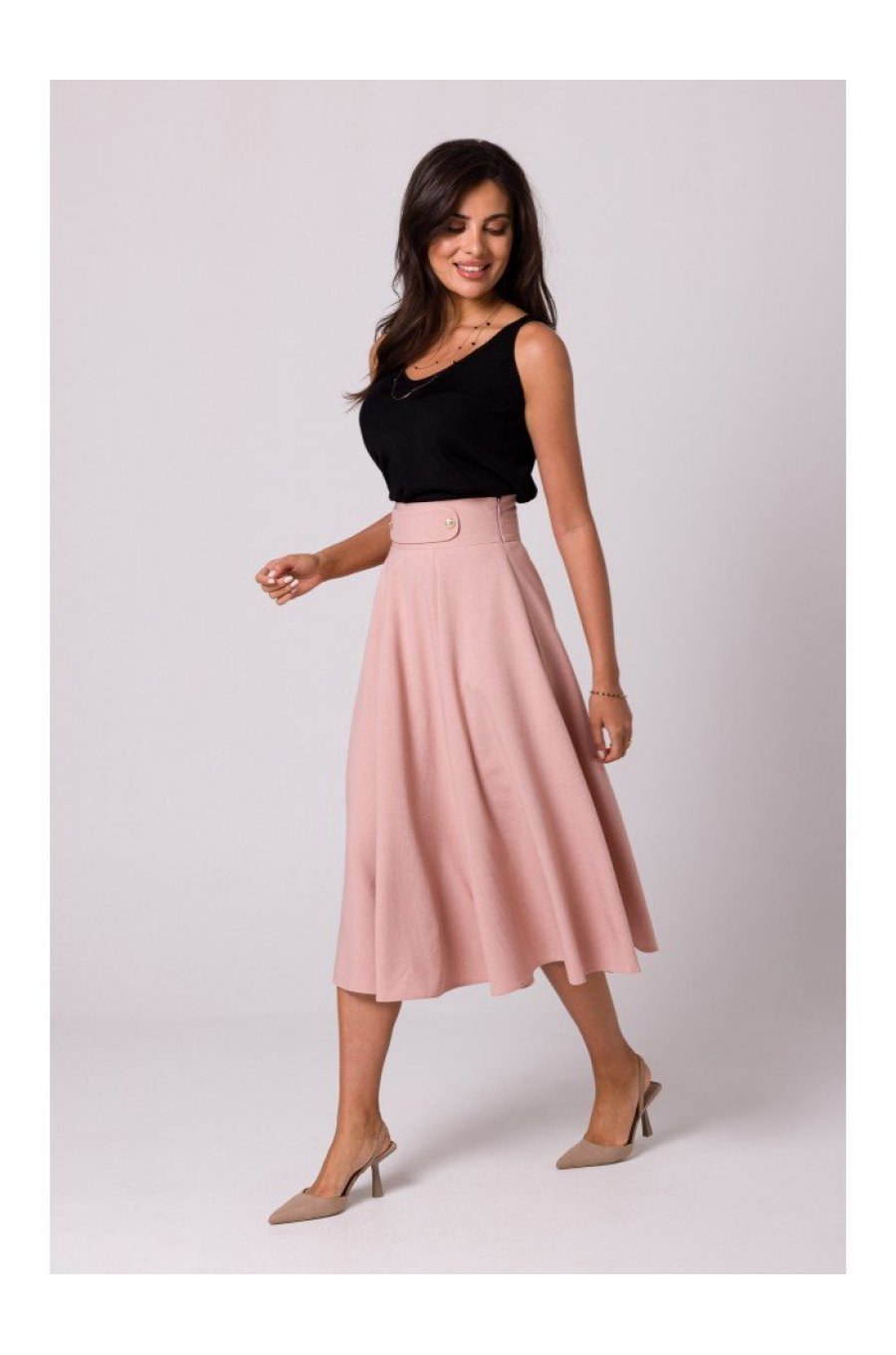 Fusta eleganta, in clos, midi, roz pudra, cu talia inalta, Ninette Fusta eleganta, in clos, midi, roz pudra, cu talia inalta, Ninette 3 - jojofashion.ro