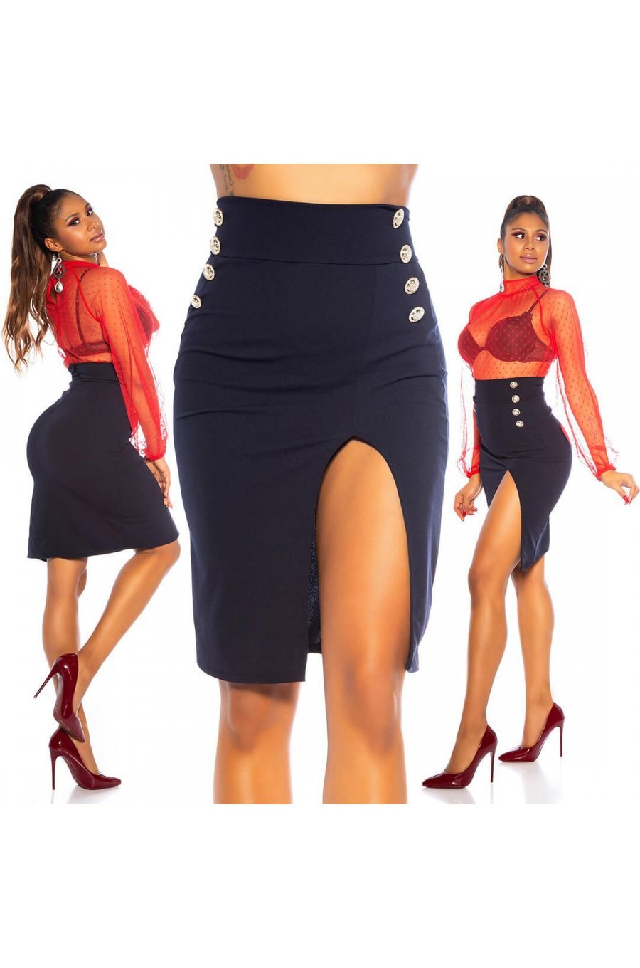 Fusta eleganta midi bleumarin navy crapata pe picior Miray Fusta eleganta midi bleumarin navy crapata pe picior Miray 7 - jojofashion.ro