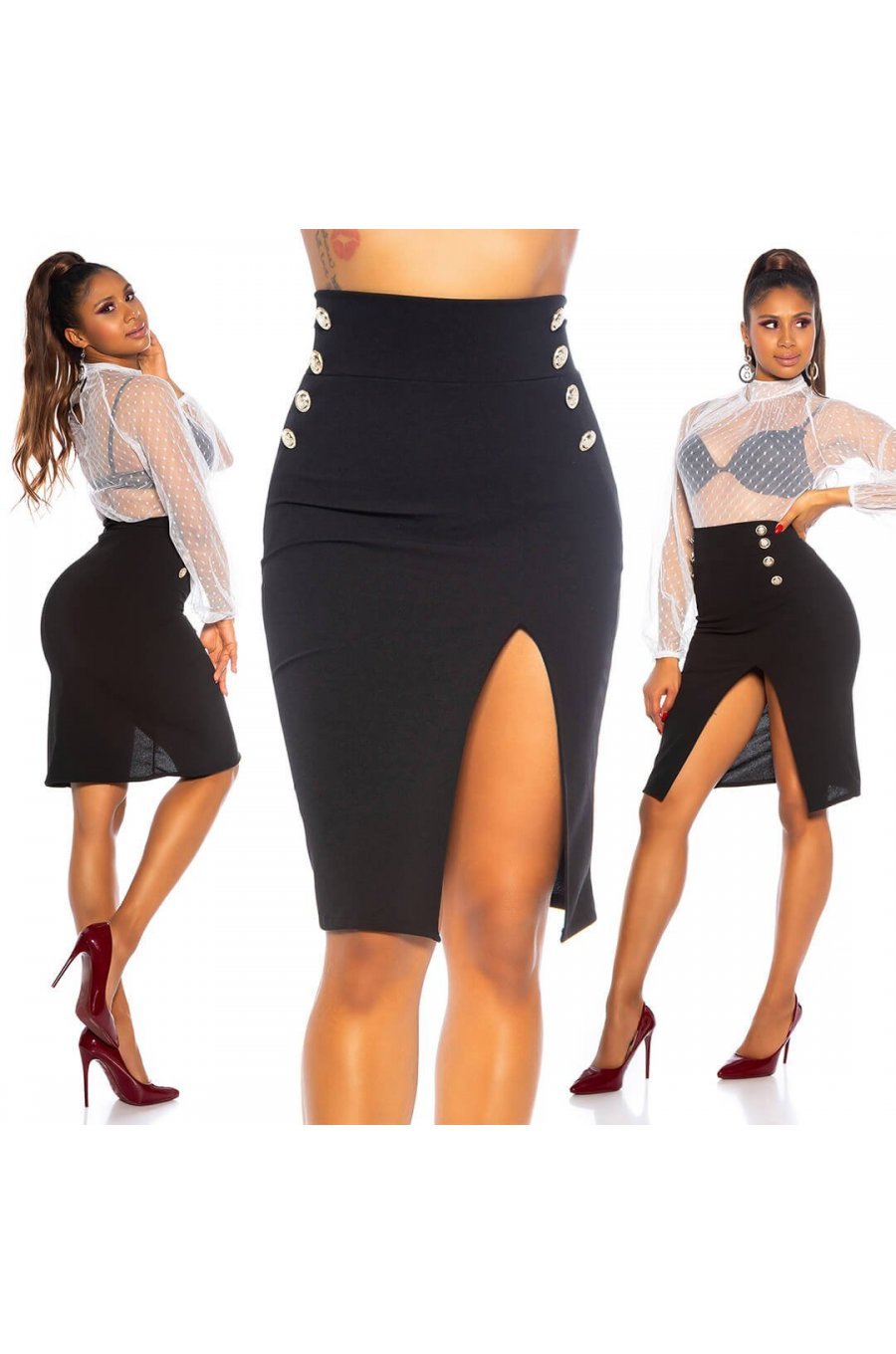 Fusta eleganta midi neagra crapata pe picior Miray Fusta eleganta midi neagra crapata pe picior Miray 7 - jojofashion.ro