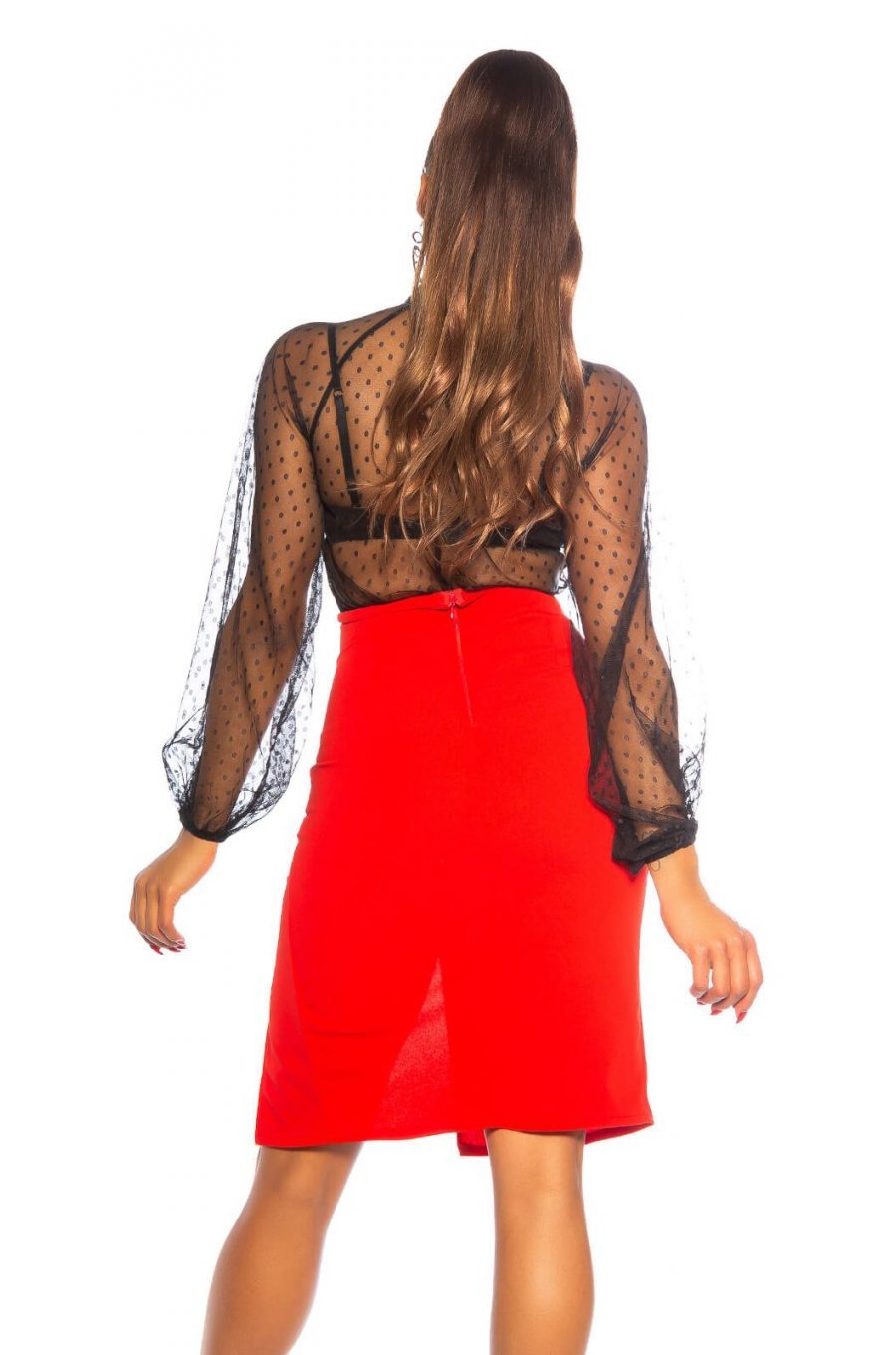 Fusta eleganta midi rosie crapata pe picior Miray Fusta eleganta midi rosie crapata pe picior Miray 3 - jojofashion.ro