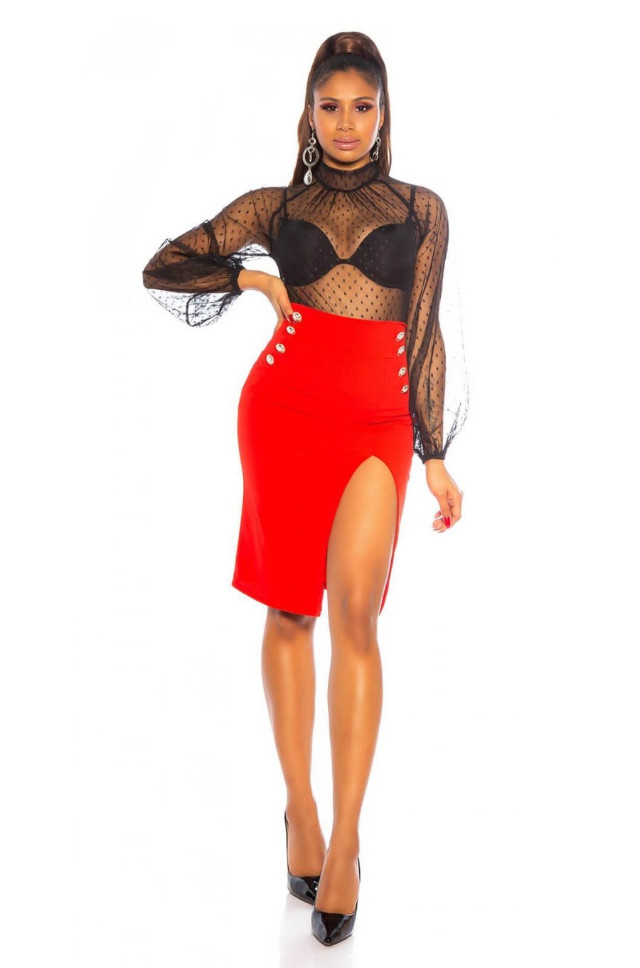 Fusta eleganta midi rosie crapata pe picior Miray Fusta eleganta midi rosie crapata pe picior Miray 6 - jojofashion.ro