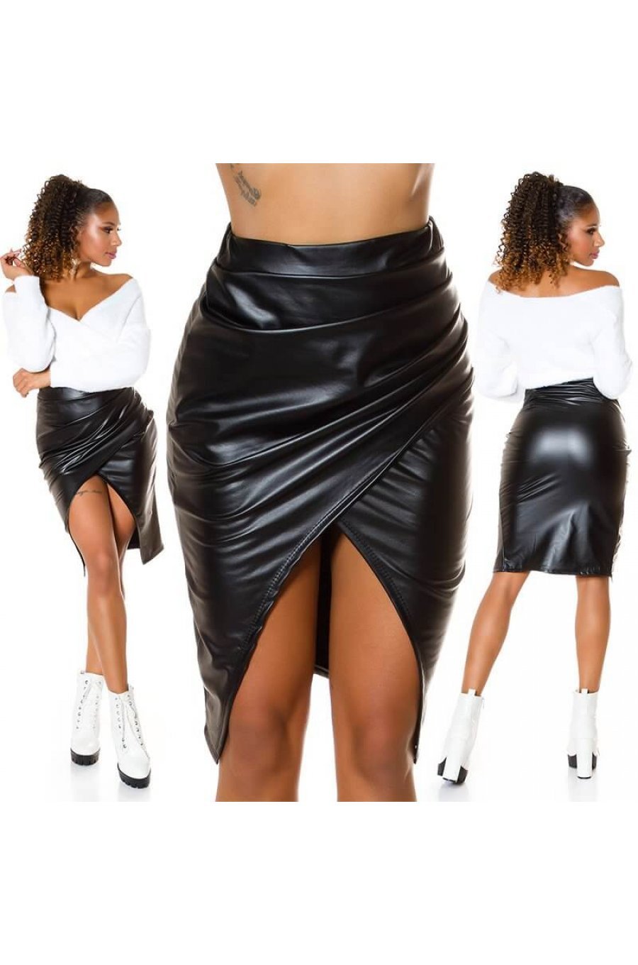 Fusta eleganta tip creion WetLook neagra Clarice Fusta eleganta tip creion WetLook neagra Clarice 5 - jojofashion.ro
