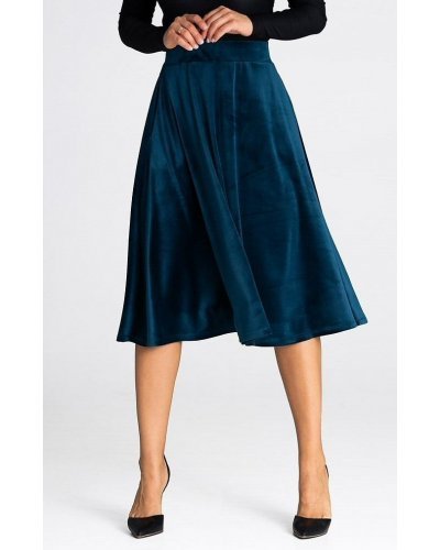 Fusta evazata din catifea, midi, albastra, cu talia inalta si buzunare, Barril Fuste dama, Fusta evazata din catifea, midi, albastra, cu talia inalta si buzunare, Barril - jojofashion.ro