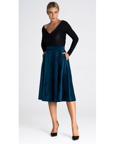 Fusta evazata din catifea, midi, albastra, cu talia inalta si buzunare, Barril Fuste dama, Fusta evazata din catifea, midi, albastra, cu talia inalta si buzunare, Barril - jojofashion.ro