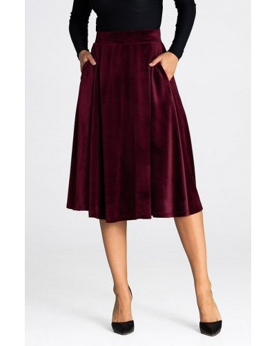 Fusta evazata din catifea, midi, burgundy, cu talia inalta si buzunare, Barril Fuste dama, Fusta evazata din catifea, midi, burgundy, cu talia inalta si buzunare, Barril - jojofashion.ro