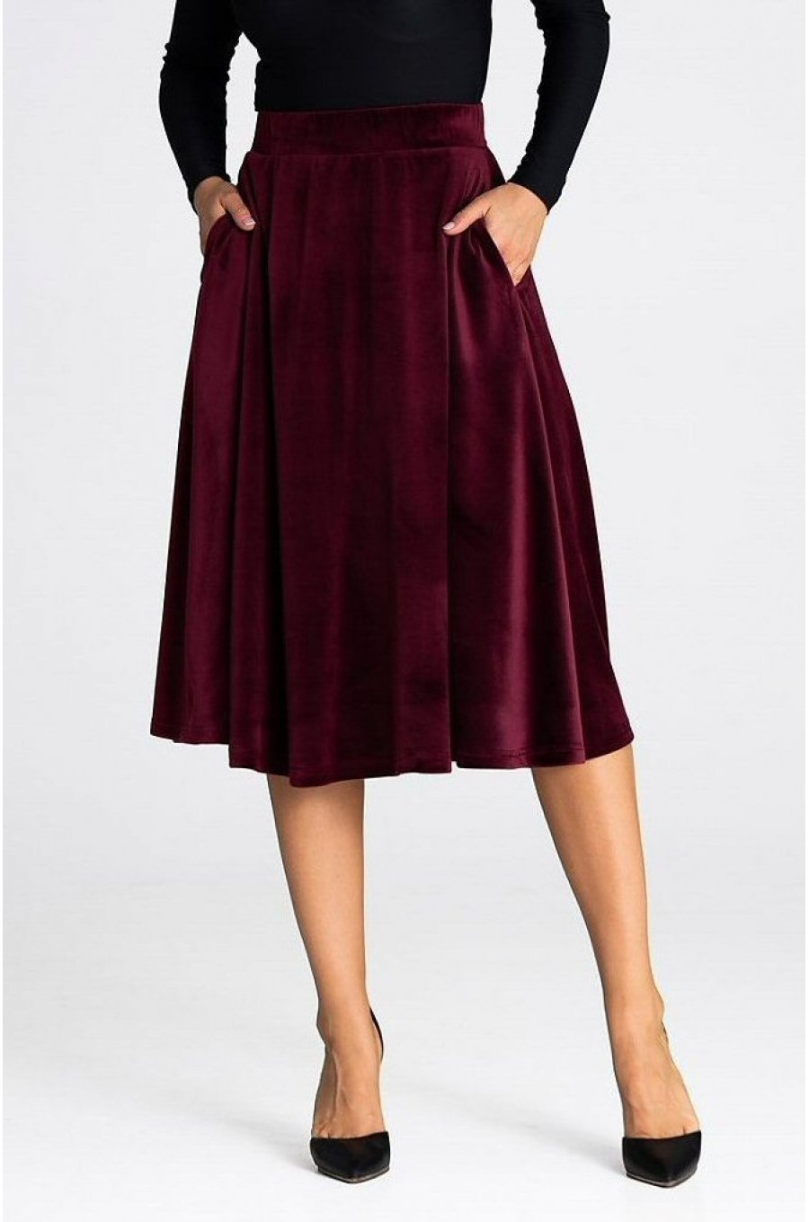 Fusta evazata din catifea, midi, burgundy, cu talia inalta si buzunare, Barril 1 - jojofashion.ro